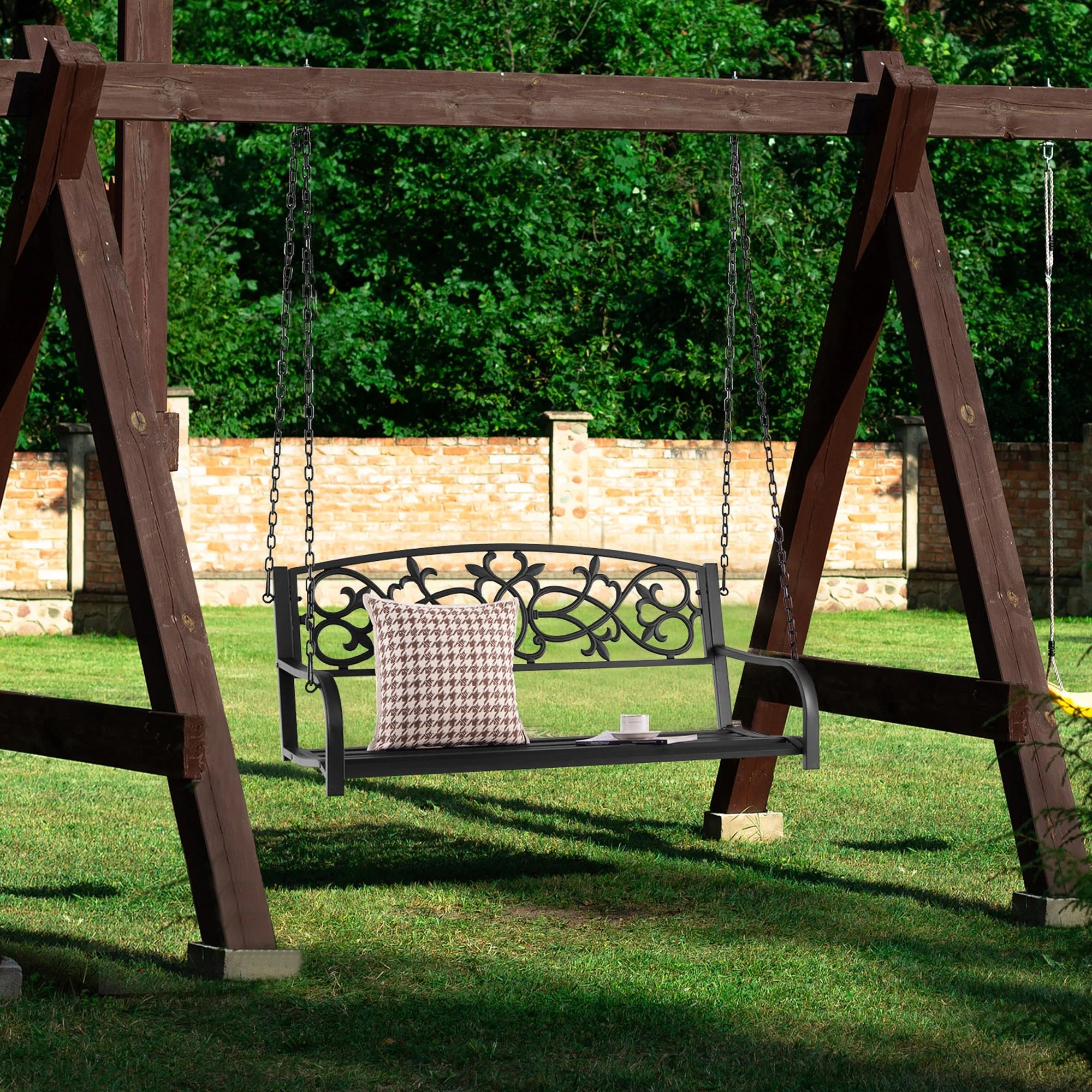Gymax Patio Hanging Porch Swing 2-Person Outdoor Metal Swing Bench Chair w/ Chains Brown - Image 13