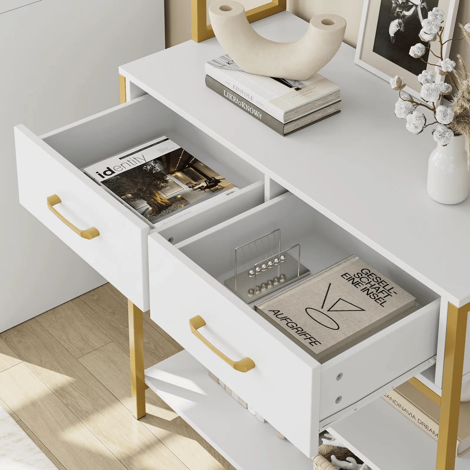 Homfa 2 Drawers Ladder Shelf, 5 Tier Modern Bookcase, Multifunctional Bookshelf Storage Rack, Gold and White - Image 12