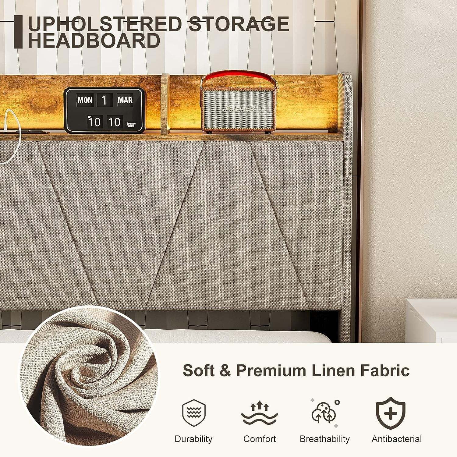 IKIFLY Queen Bed Frame with Charging Station & Storage Shelf Headboard, Upholstered LED Bed Frame with 2 Outlets and 2 USB Ports-? Type C-? Solid Wood Slats, No Box Spring Needed - Light Brown - Image 7
