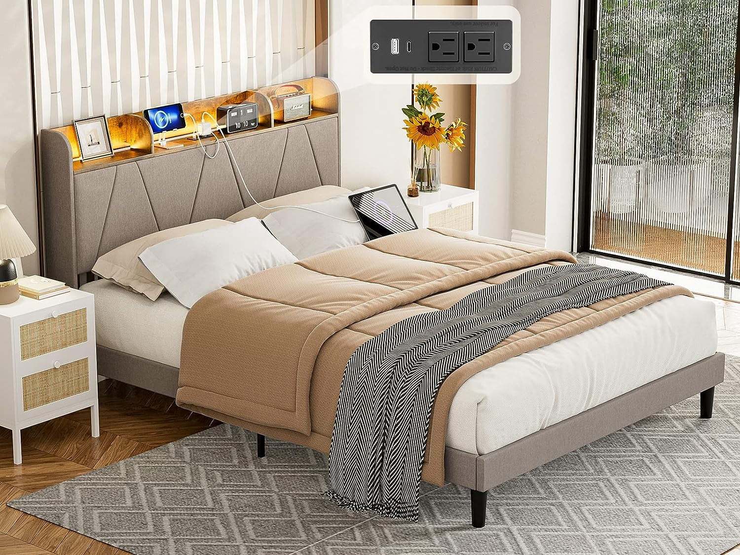IKIFLY Queen Bed Frame with Charging Station & Storage Shelf Headboard, Upholstered LED Bed Frame with 2 Outlets and 2 USB Ports-? Type C-? Solid Wood Slats, No Box Spring Needed - Light Brown - Image 3