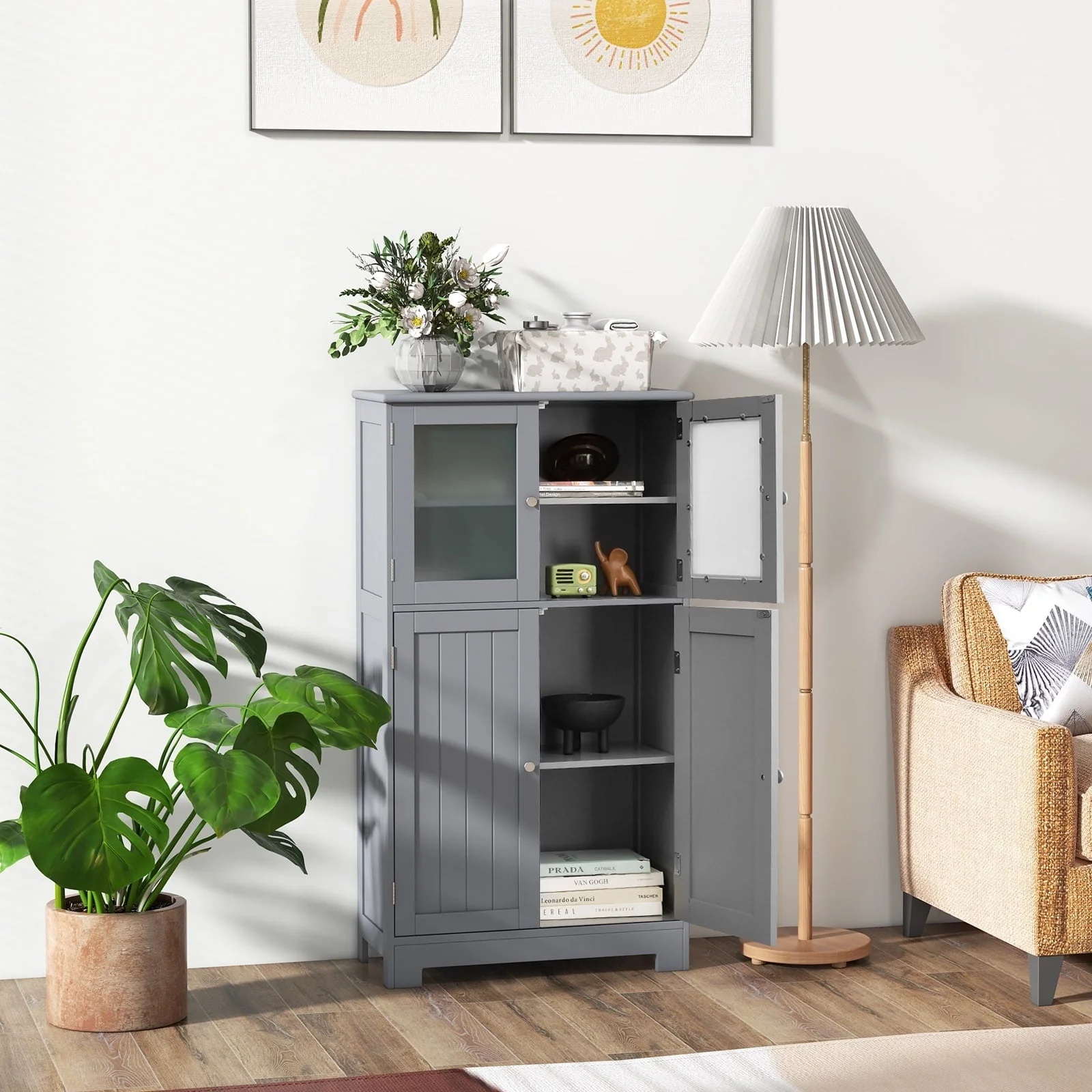 Topbuy Bathroom Storage Cabinet Freestanding Storage Cabinet w/ 4 Doors Wooden Kitchen Cupboard w/ Adjustable Shelf - Image 2