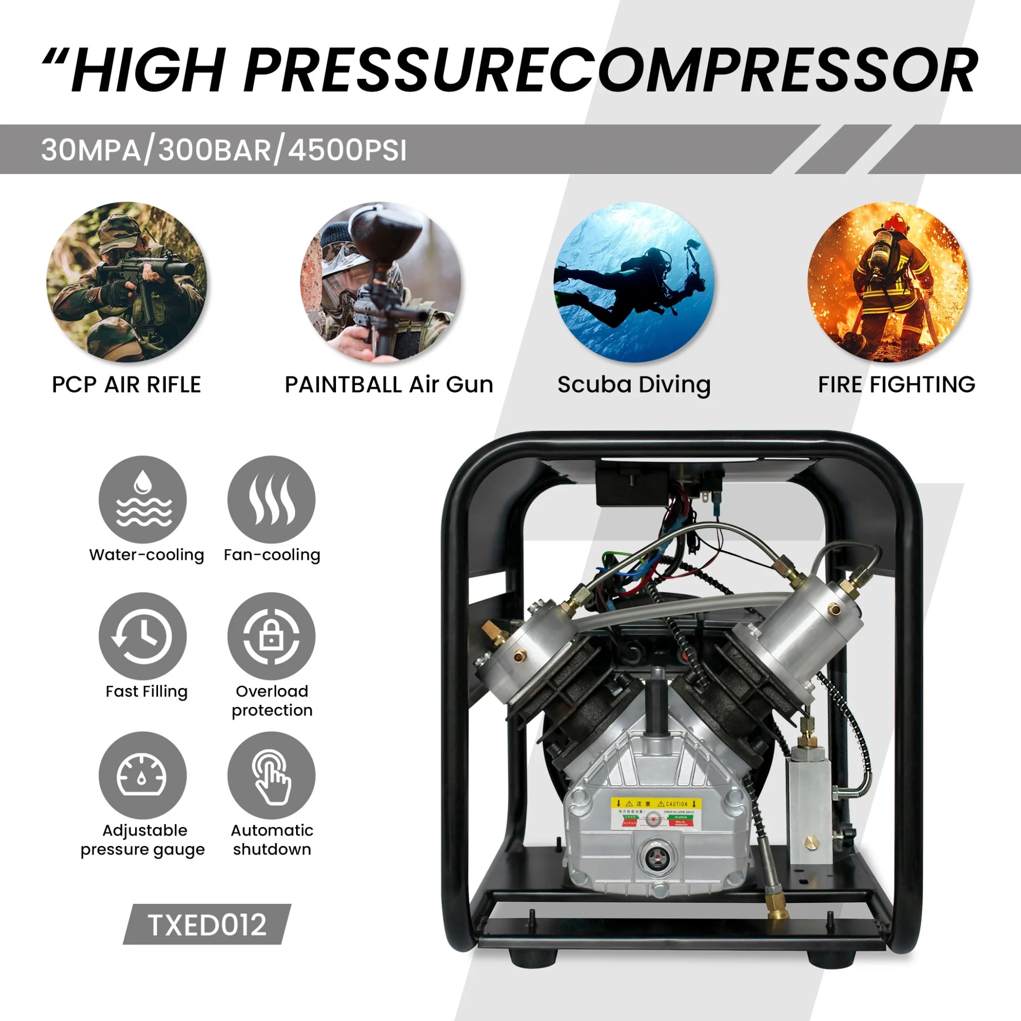 TUDIVING 4500Psi PCP Air Compressor Double Cylinder Auto-Stop High Pressure Air Pump 40L/min 110V - Image 3