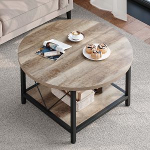 Dextrus Round Coffee Table with Storage, Rustic Living Room Tables with Sturdy Metal Legs, OAK