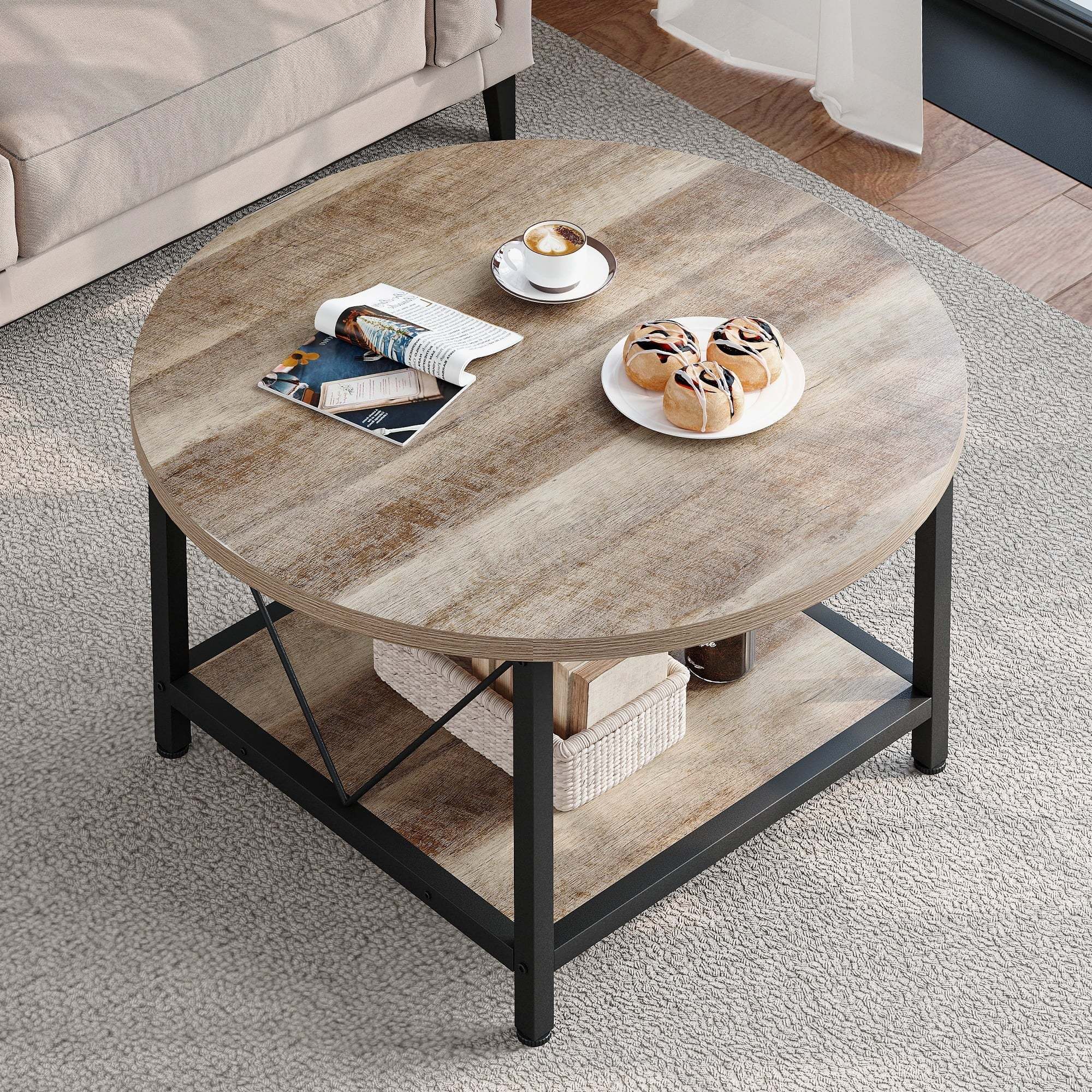 Dextrus Round Coffee Table with Storage, Rustic Living Room Tables with Sturdy Metal Legs, OAK