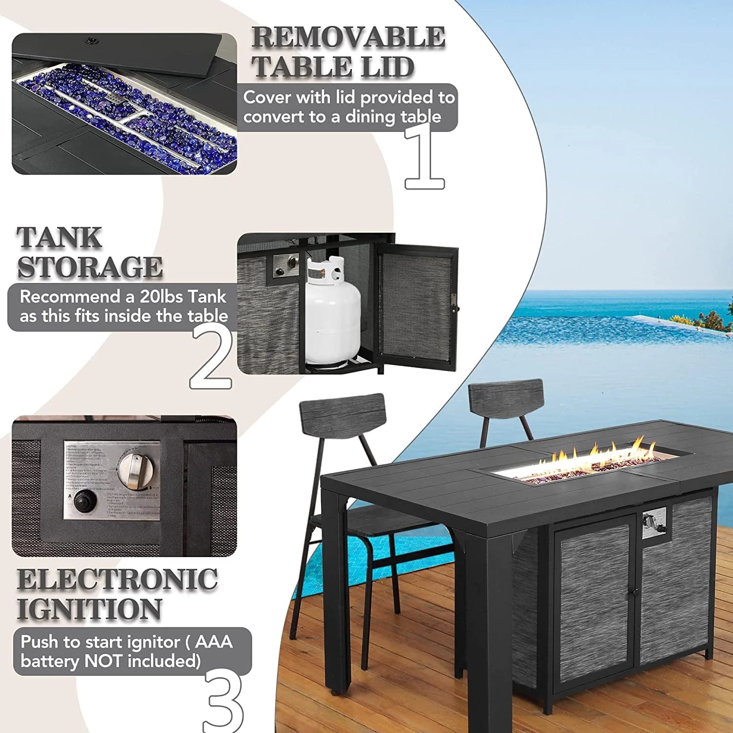 PIZZELLO Outdoor Rectangular Patio Fire Dining Table 62.5" for 6 with Fire Glass Bead, Black - Image 2