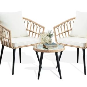 FHFO 3 Piece Patio Bistro Set, Outdoor Wicker Apartment Balcony Furniture Sets, Rattan Table and Chairs Set of 2 for Porch Backyard Lawn Poolside Deck, Beige