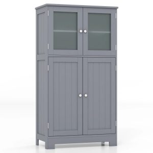 Topbuy Bathroom Storage Cabinet Freestanding Storage Cabinet w/ 4 Doors Wooden Kitchen Cupboard w/ Adjustable Shelf