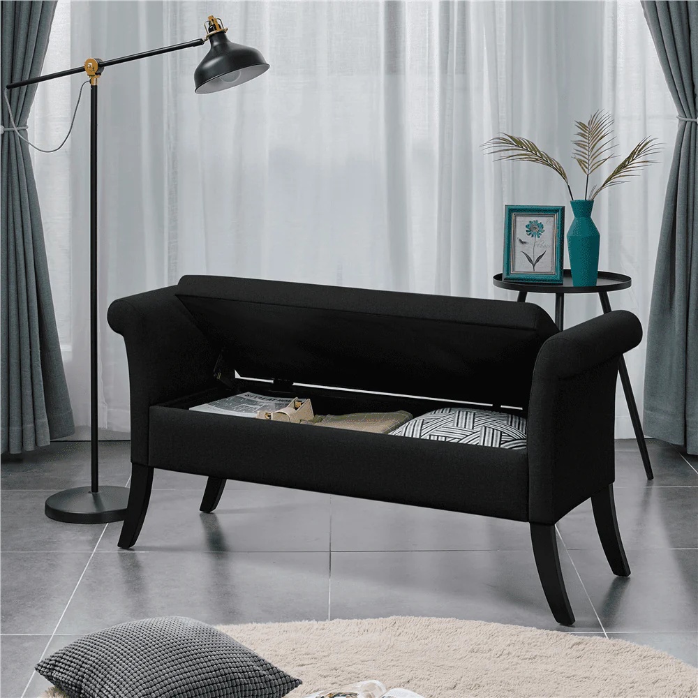 SMILE MART Modern Fabric Tufted Storage Bench with Rolled Arms for Home, Black - Image 3