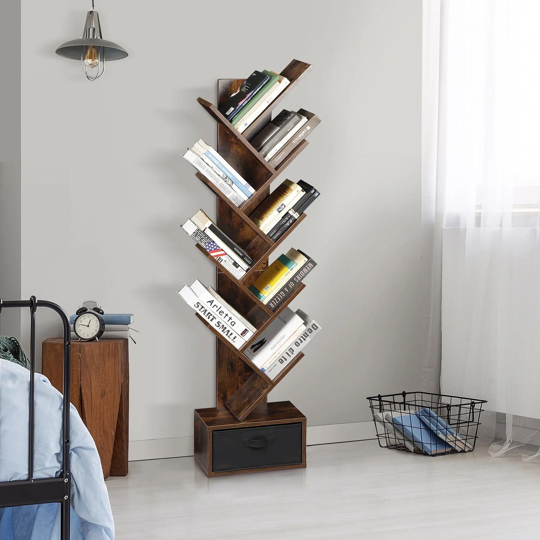 HomGarden 9 Tier Tree Bookshelf Modern Storage Rack Floor Bookcase W/Drawer, Rustic Brown
