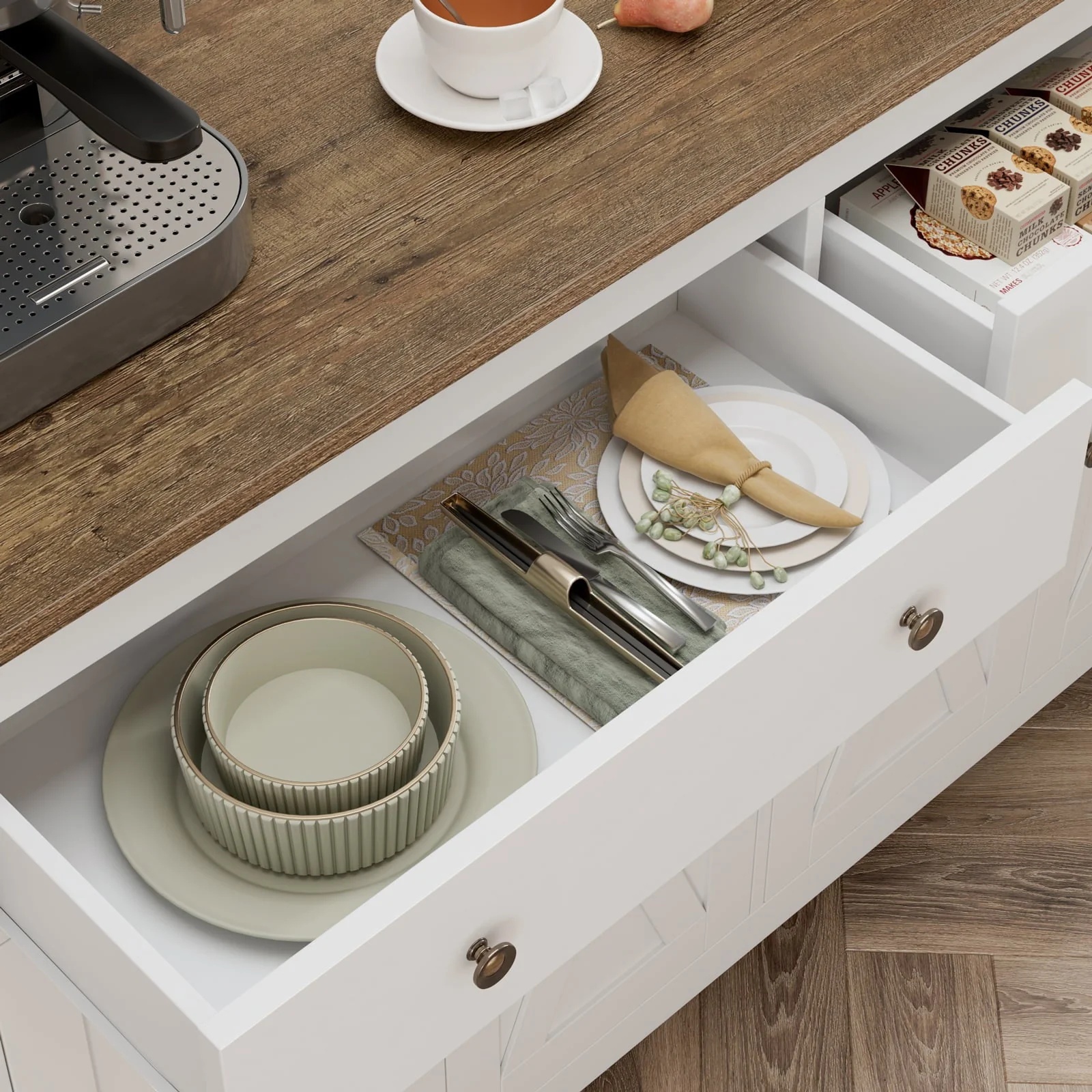 Homfa 4-Doors 2-Drawers Farmhouse Storage Cabinet, Wood Sideboard with Adjustable Shelves, White - Image 5