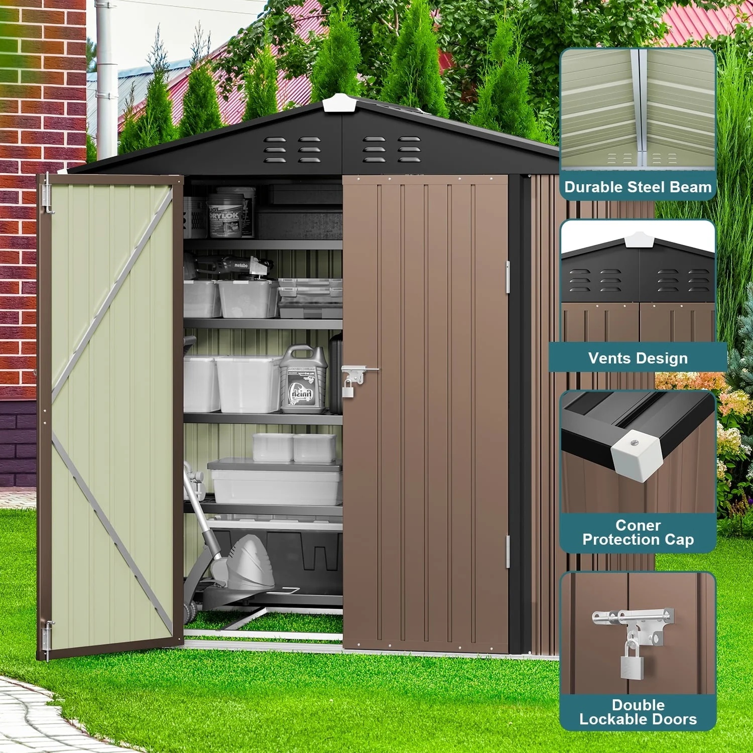 Lofka 6 x 4 FT Outdoor Shed for Storage, Metal Garden Shed with Double Lockable Doors, Brown - Image 5