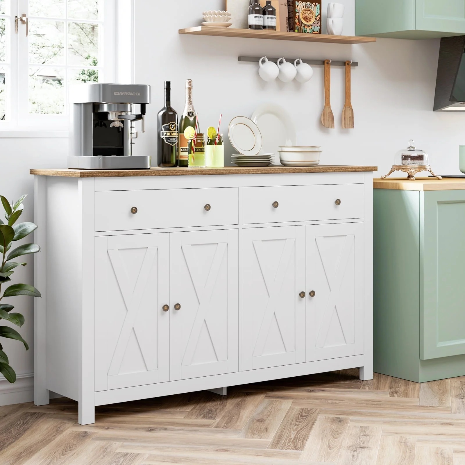Homfa 4-Doors 2-Drawers Farmhouse Storage Cabinet, Wood Sideboard with Adjustable Shelves, White