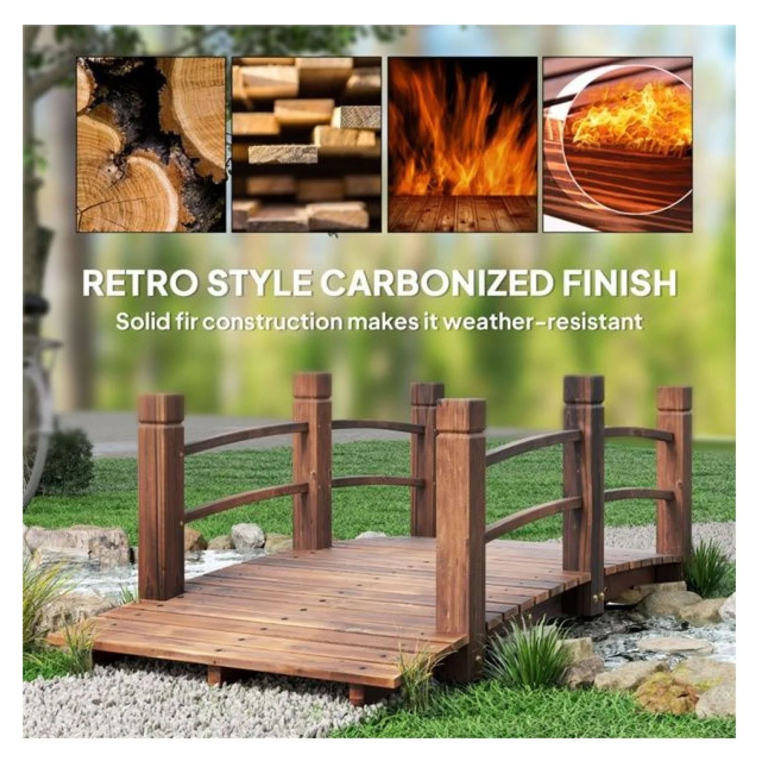 Wooden Garden Bridge Arc Footbridge 5ft - Stained Fir Wood Outdoor Decorative Bridge - Landscape Pathway Bridge with Rails - Garden Pond Bridge - Image 3
