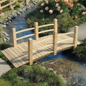 Wood Garden Bridge Classic Wooden Arch Stained Finish Footbridge with Safety Railings, 530 lbs Capacity, Decorative Pond Bridge Landscaping for Outdoor Garden Backyard Creek Farm, Natural