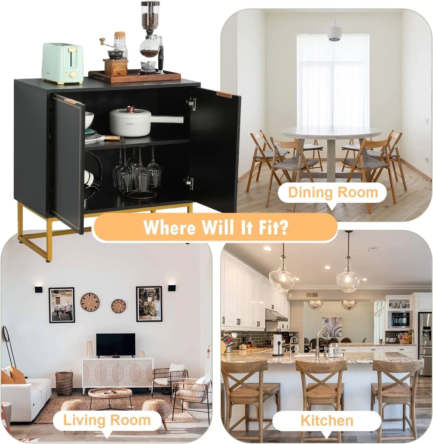 Yoleny 31'' Buffet Cabinet with Storage, Accent Cabinet with 2 Doors, Gold Trim and Golden Legs, Wooden Sideboard with Adjustable Shelf and Feet for Bedroom, Living Room, Kitchen, Hallway, Black - Image 2
