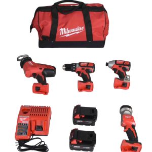 Milwaukee M18 Cordless 18V 4-Tool Kit (Drill/Driver, Hackzall, Impact Driver, Light) 2695-24 with (2) 3Ah Batteries, Charger, & Tool Bag