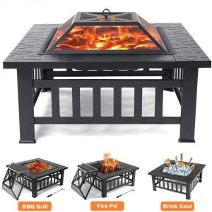 Fire Pits for Outside, DFITO 32" Wood Burning Fire Pit Tables with Screen Lid, Poker, Outdoor Fire Pit Patio Set, Patio Garden Stove Fire Pit/Ice Pit/BBQ Fire Pit, Black, GJ131