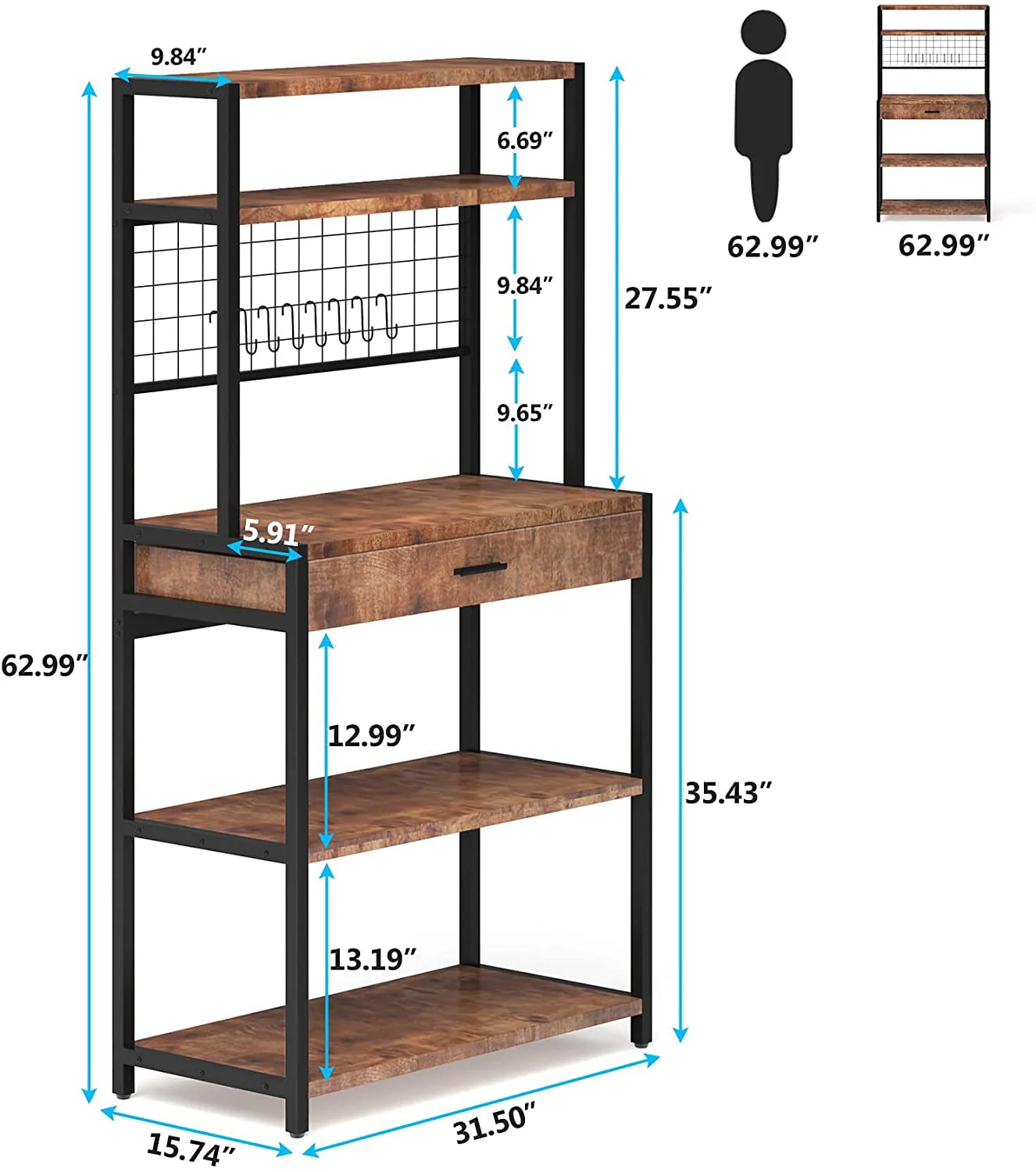 Tribesigns Kitchen Bakers Rack with Hutch, 5-Tier Kitchen Utility Storage Shelf with Hutch and 8 S-Hooks, Vintage Brown - Image 6