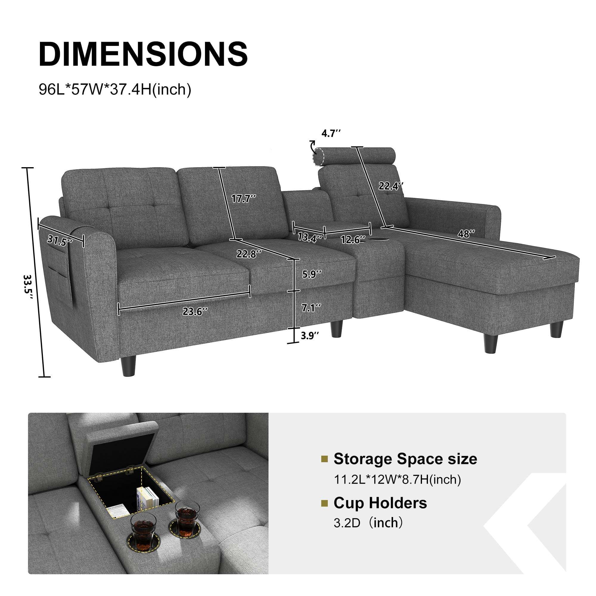 HONBAY Reversible Sectional Sofa Modern Upholstered L Shaped Couch with Cup Holders & Storage Console for Living Room, Grey - Image 5