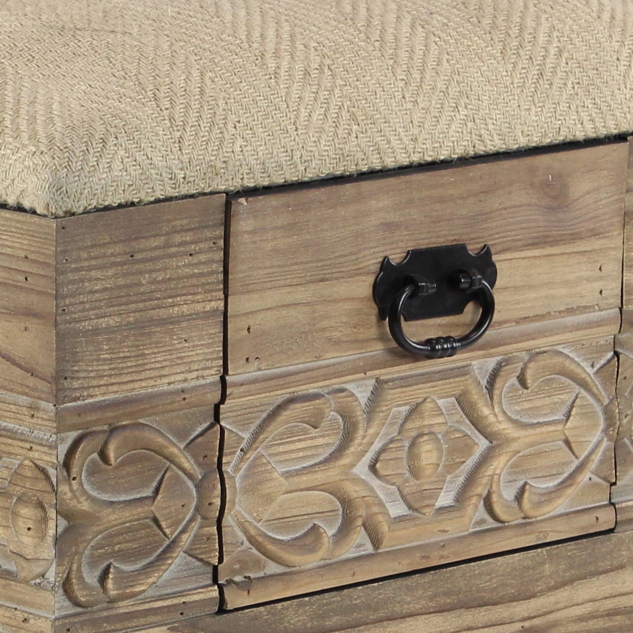 DecMode Wood Floral Intricately Carved Storage Stool with Cream Burlap Top, Beige - Image 6