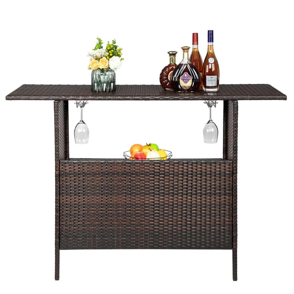 UBesGoo Outdoor Patio Rattan Wicker Bar Counter Table with 2 Storage Shelves - Image 3