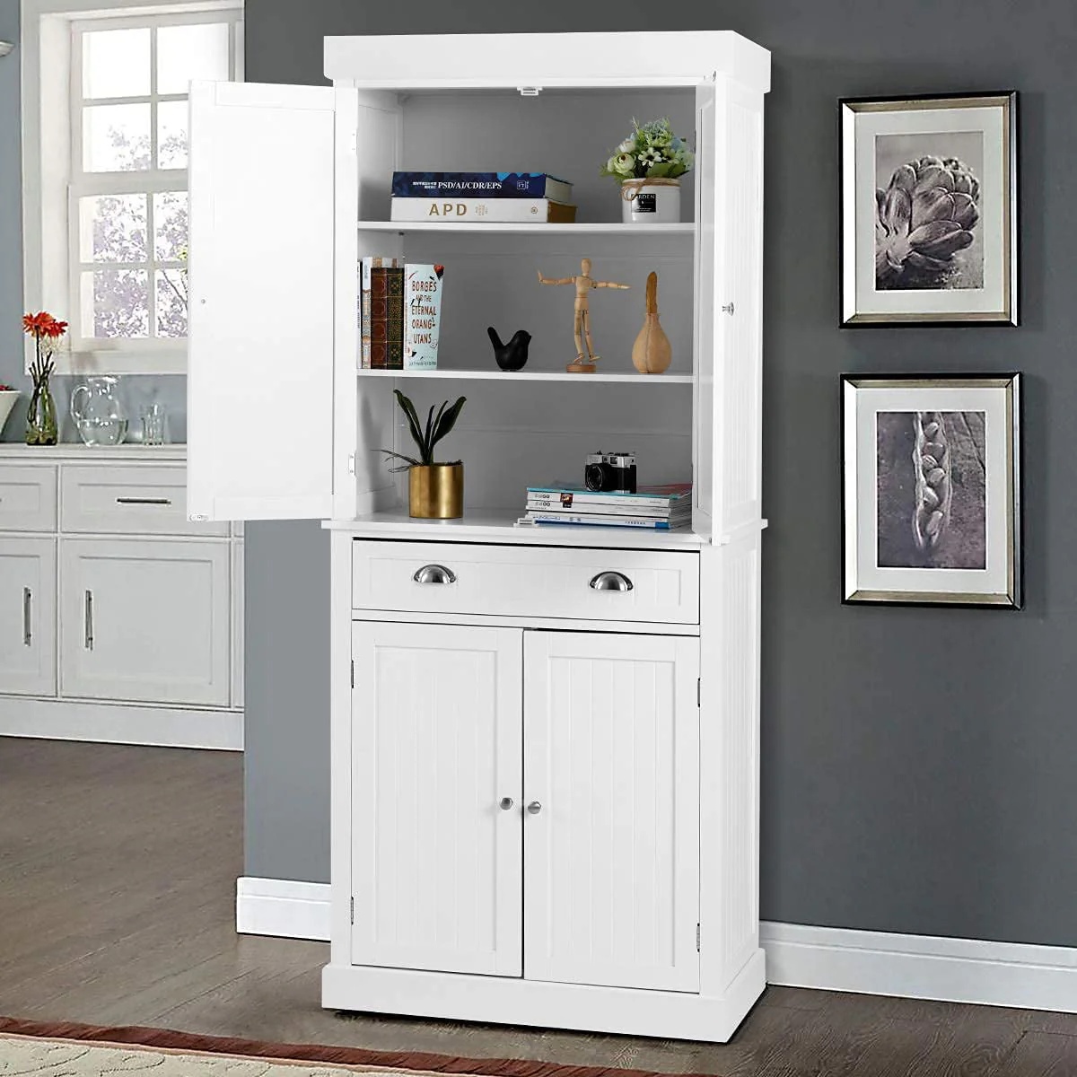 Yoleny Kitchen Pantry, 72-?Freestanding Storage Cabinets with Doors and Shelves, Elegant Colonial Design Cabinet Cupboard, White - Image 2