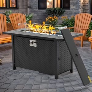 45 inch Propane Fire Pit Table,50000 BTU Gas Fire Pits Table with Lid & Lava Rock & Waterproof Cover, Outdoor Propane Firepit for Dining or Party, Outside, Patio, Garden, Yard