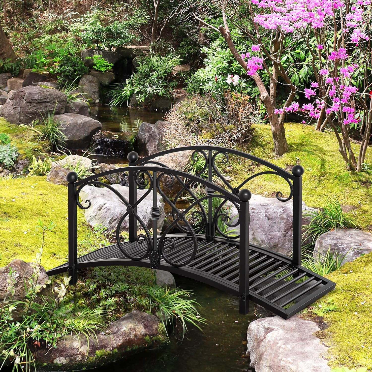 XgoodX 3.3FT Metal Garden Bridge with Decorative Scrollwork, Arched Footbridge with Safety Side Rails for Pond, Stream, Yard, Zen Garden, Outdoor Landscape D-cor-Black - Image 8