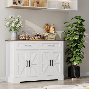 Homfa Farmhouse Buffet Sideboard, 2 Drawers & 4 Doors Shelf Space Wood Storage Cabinet for Dining Room Living Room Bedroom, White