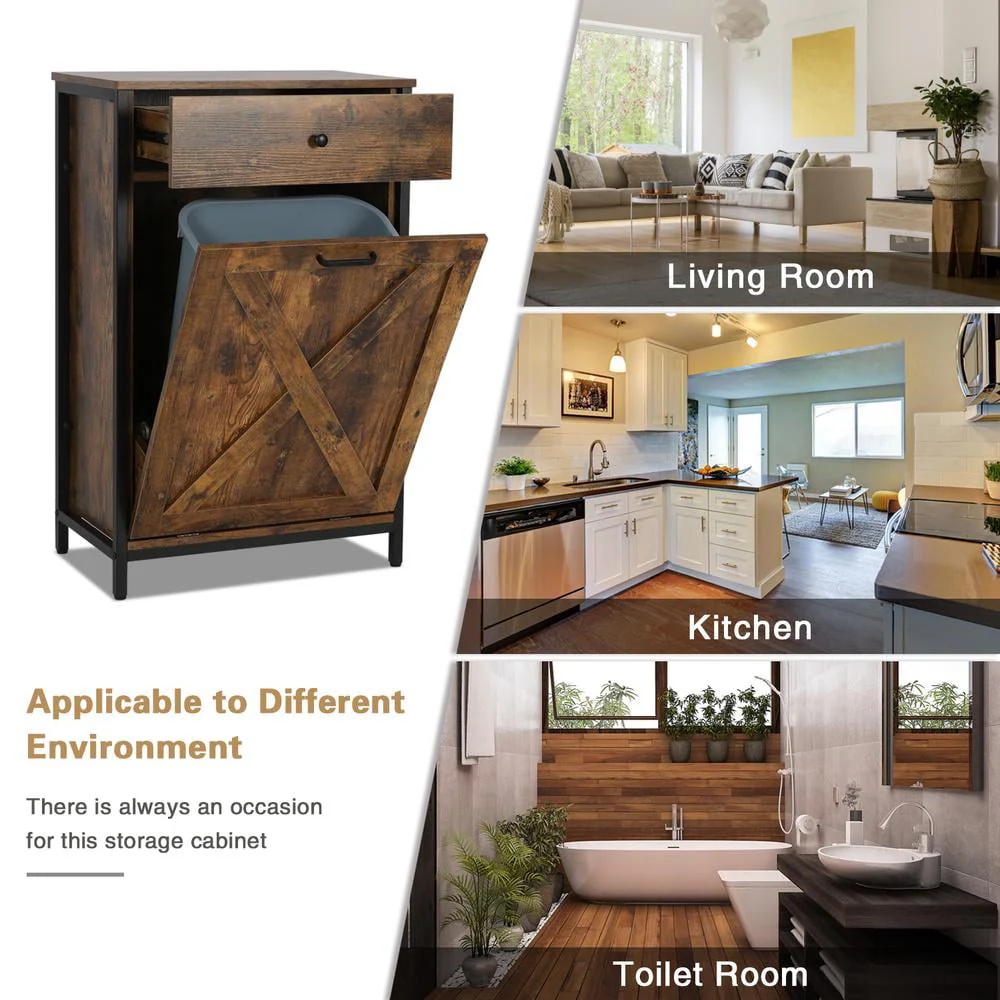 Eclife 10 Gallons Tilt Out Trash Cabinet Freestanding Floor Rustic Solid Wood Barn Door and Storage Drawer Kitchen Island - Image 8