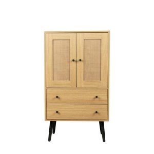 GZXS Storage Cabinet with 2 Rattan Doors & 2 Drawers, Mid Century Modern Buffet Sideboard Kitchen Cupboard for Living Room, Bedroom, Hallway, Home Office, Natural