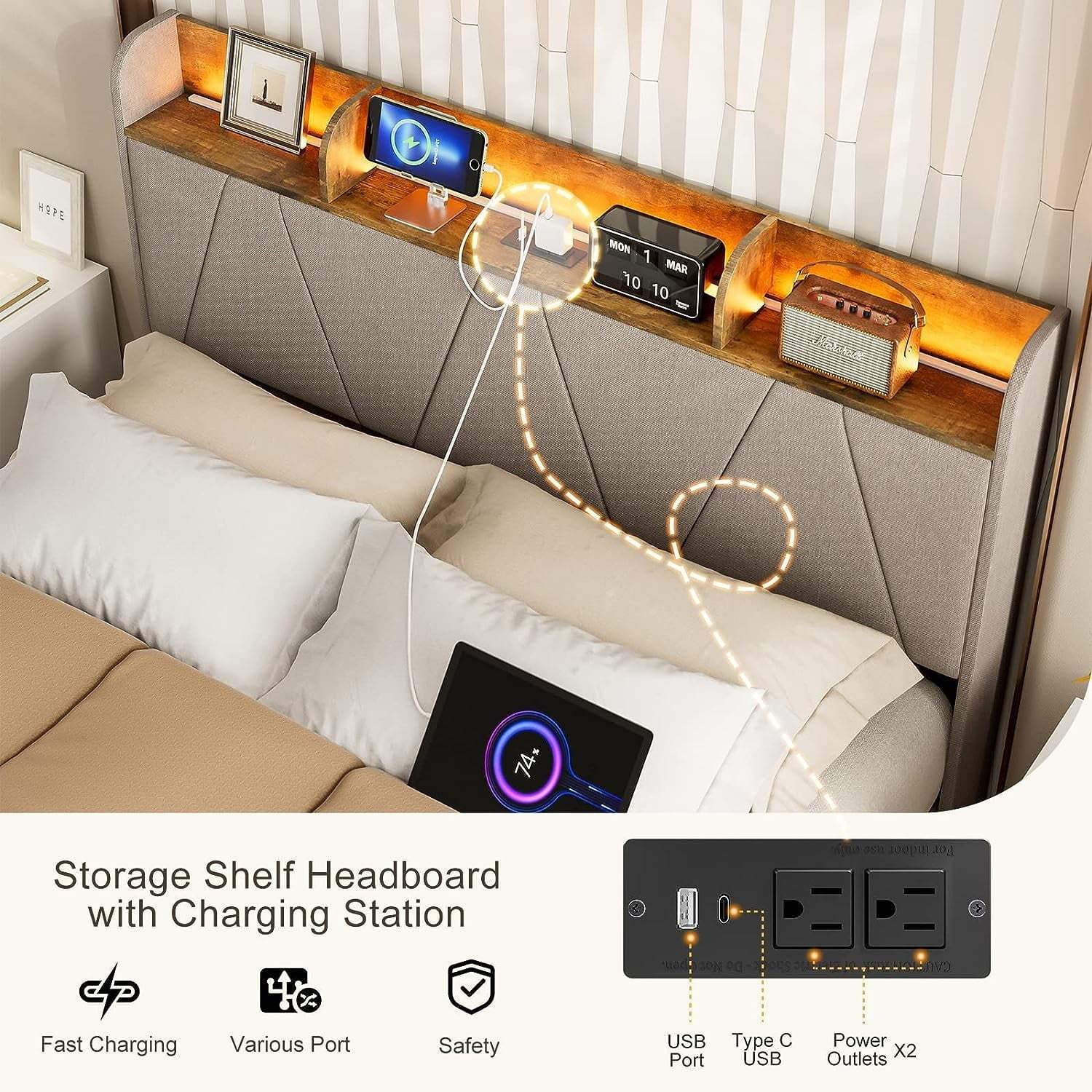 IKIFLY Queen Bed Frame with Charging Station & Storage Shelf Headboard, Upholstered LED Bed Frame with 2 Outlets and 2 USB Ports-? Type C-? Solid Wood Slats, No Box Spring Needed - Light Brown - Image 6