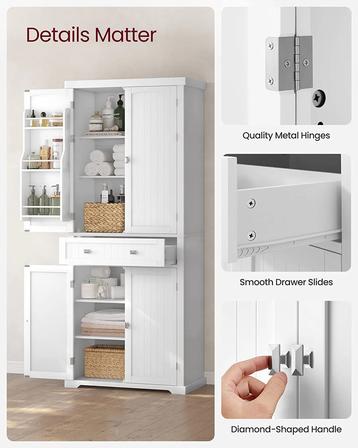 VASAGLE 71.9 Inch Kitchen Pantry Storage Cabinet Tall Freestanding Cupboard with 1 Large Drawer 6 Hanging Shelves for Dining Room Laundry White - Image 4
