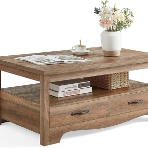 LINSY HOME Farmhouse Coffee Table with Storage, Wood Coffee Table for Living Room, Open Display Area and Storage Drawers with Metal Handles, Chic Style with Curved Base, Brown
