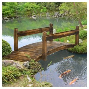 Wooden Garden Bridge Arc Footbridge 90.5" - Stained Fir Wood Outdoor Bridge with Planters - Zen Garden Decor, Walkways, Pond & Stream