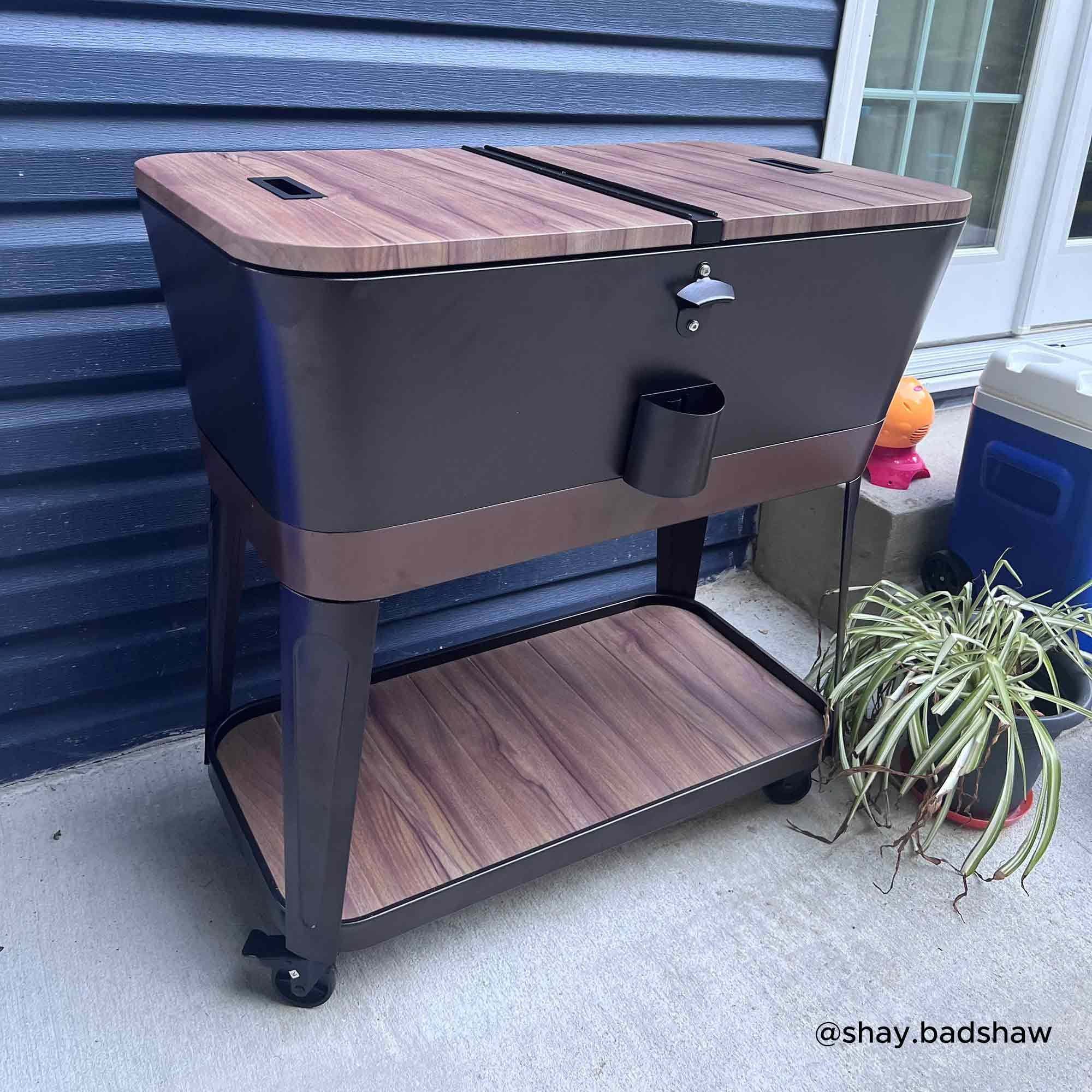 Sunjoy 80-Quart Wood Grain Finish Metal Rolling Ice Chest Cooler Cart with Storage Shelf, Steel Bottle Opener, and Lockable Wheels, Bronze - Image 2