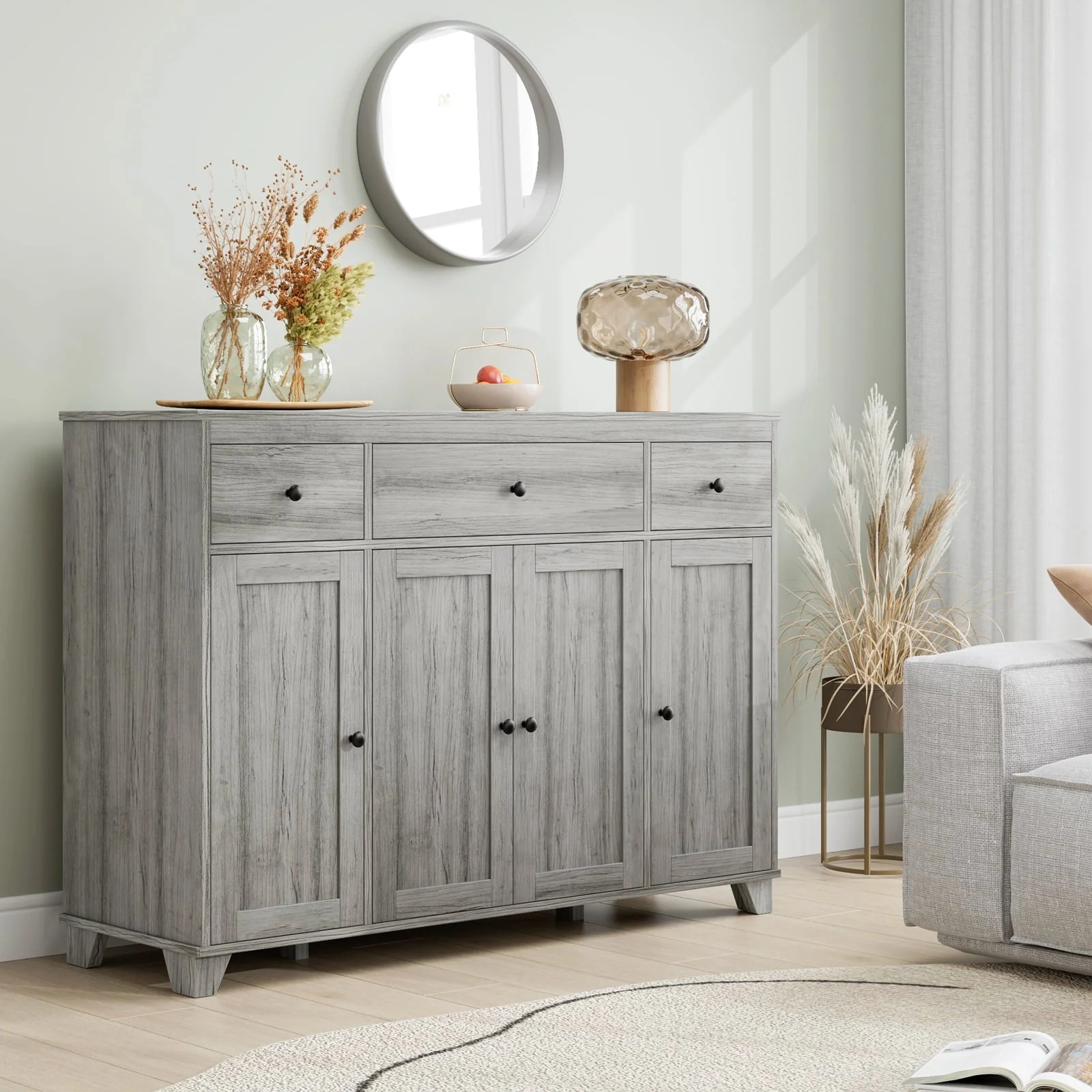 Homfa Buffet Sideboard, Wooden Storage Cabinet with Drawers & Doors, Wide Buffet Cabinet for Dining Room, Gray - Image 5