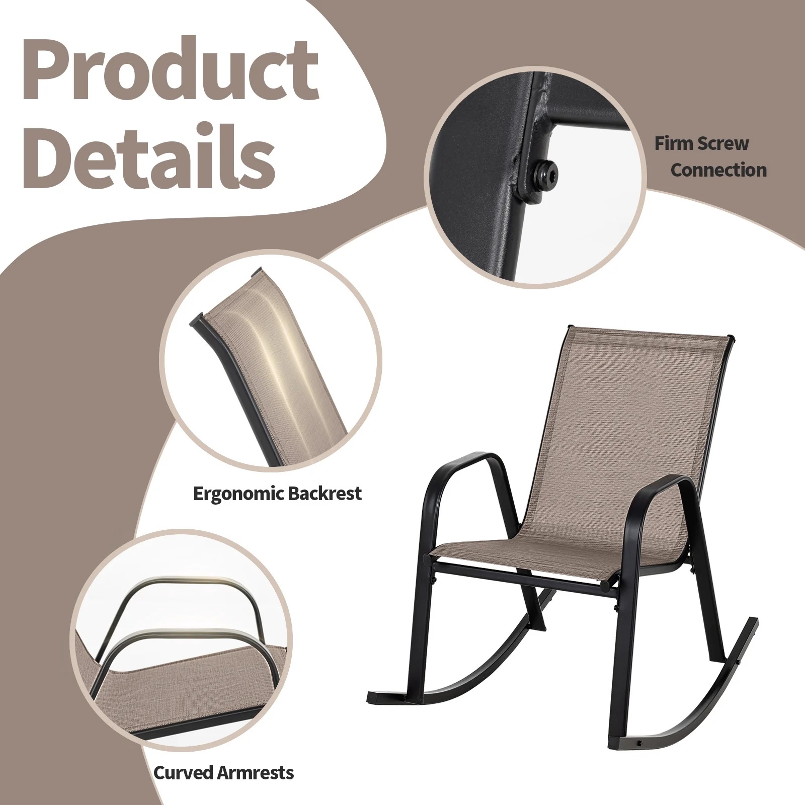Costway 2 PCS Patio Rocking Chair Heavy-Duty Metal Rocker Outdoor Anti-Slip Brown - Image 9
