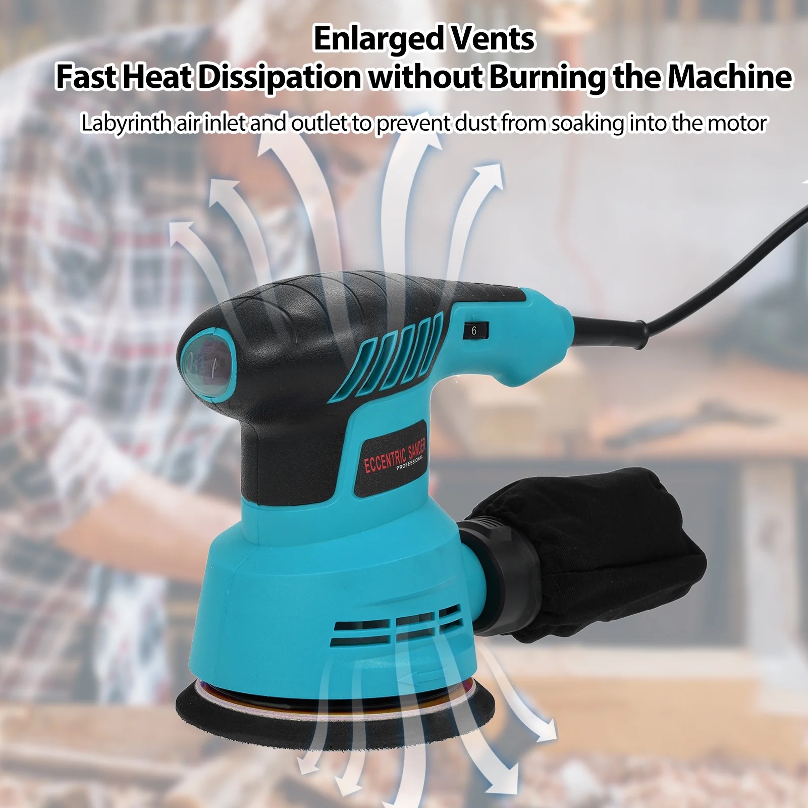 Sanding machine,Orbital Sander 5pcs Sandpapers And With 6 Variable 300w 13000rpm Orbital Sandpapers And And Speeds Palm Sander Variable Speeds Palm Sander With 6 Variable Speeds Plug - Image 4