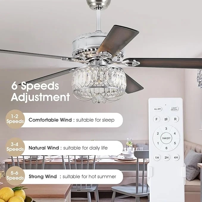 Kviflon 52" Farmhouse Ceiling Fan with Lights & Remote, Crystal Chandelier, Wood Blades, Quiet Motor, 6-Speed, Timer, Modern Lighting for Living Room, Bedroom, Dining Room, Chrome Finish - Image 7