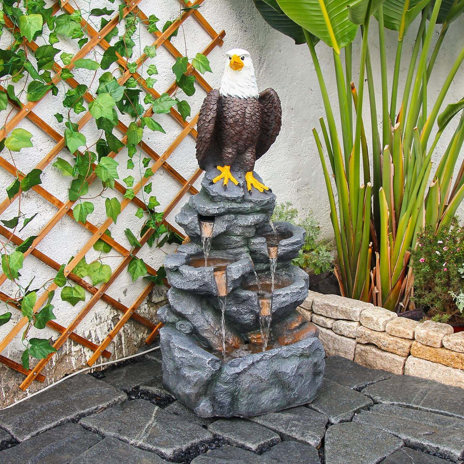 Bald Eagle Statue Outdoor Fountain Tiered Cascading Rock Water Fountain Outdoor Garden Waterfall Decor for Garden Patio Backyard Deck Porch Outside Water Feature 39.76" H - Image 6