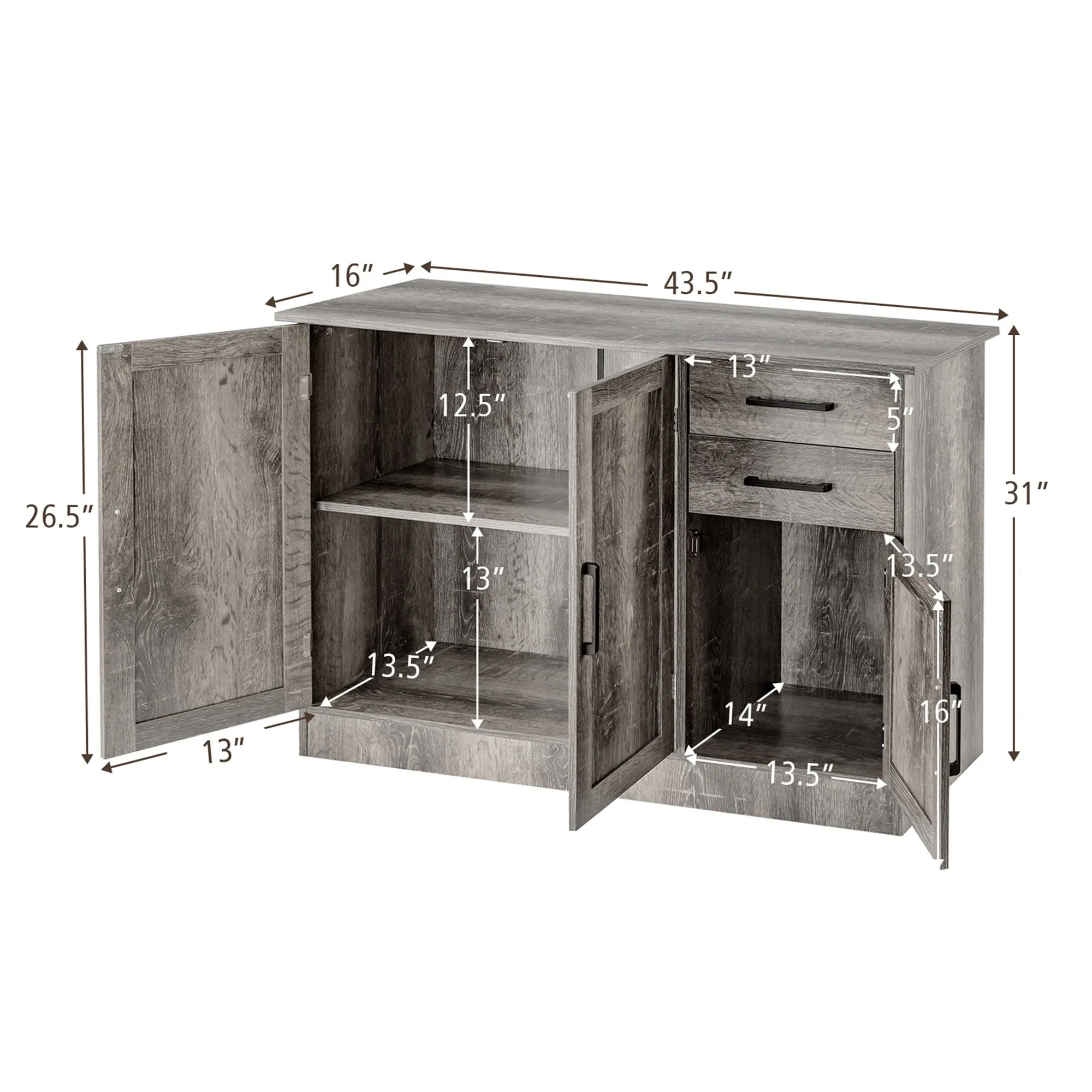 Gymax Buffet Storage Cabinet Console Table Kitchen Sideboard Drawer Grey - Image 2