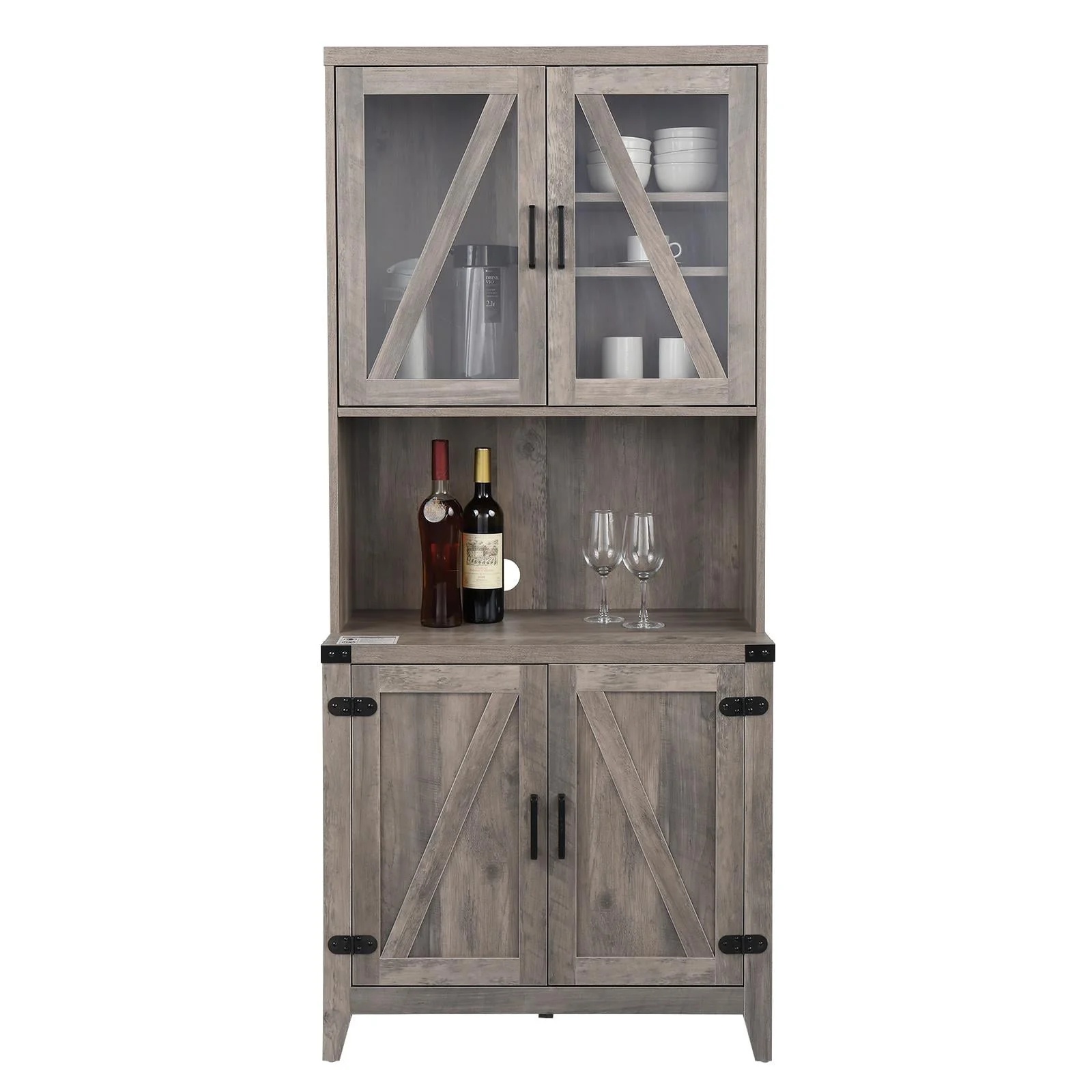 UBesGoo Freestanding Rustic Kitchen Buffet with Hutch, Pantry Storage Cabinet with Adjustable Shelf Grey Oak - Image 2
