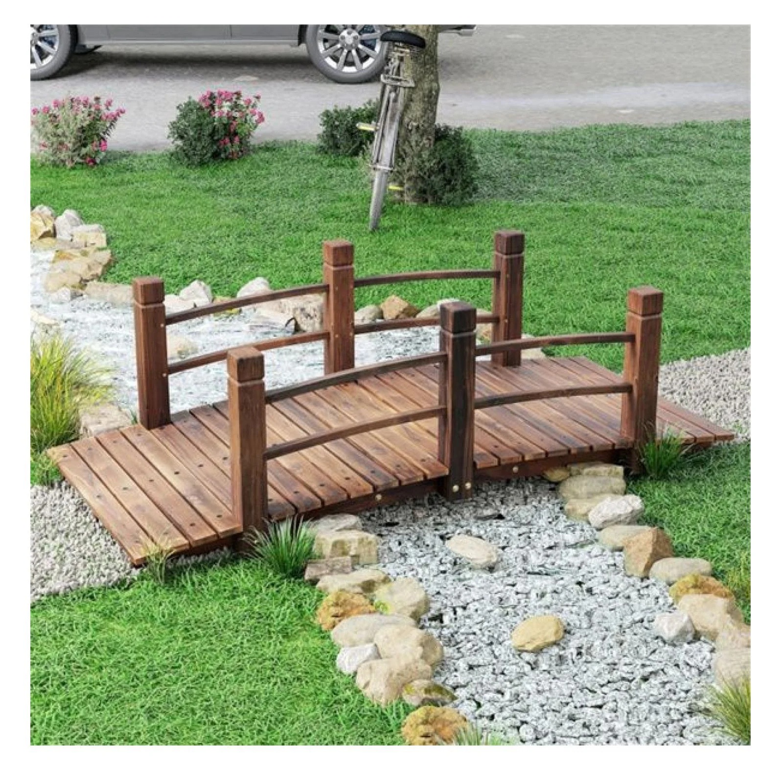 Wooden Garden Bridge Arc Footbridge 5ft - Stained Fir Wood Outdoor Decorative Bridge - Landscape Pathway Bridge with Rails - Garden Pond Bridge - Image 6
