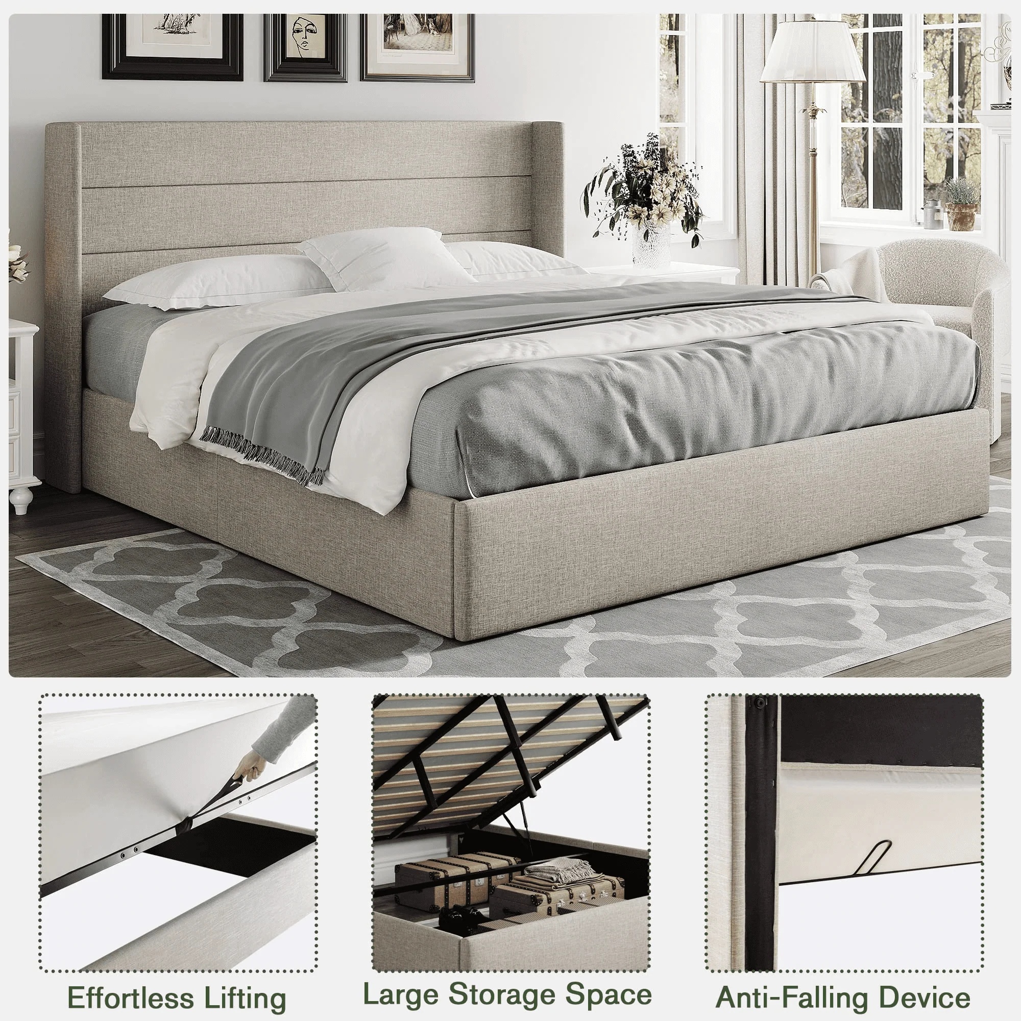 Einfach King Size Lift up Storage Bed with Wingbacks and Horizontal Channel Headboard, Beige - Image 2