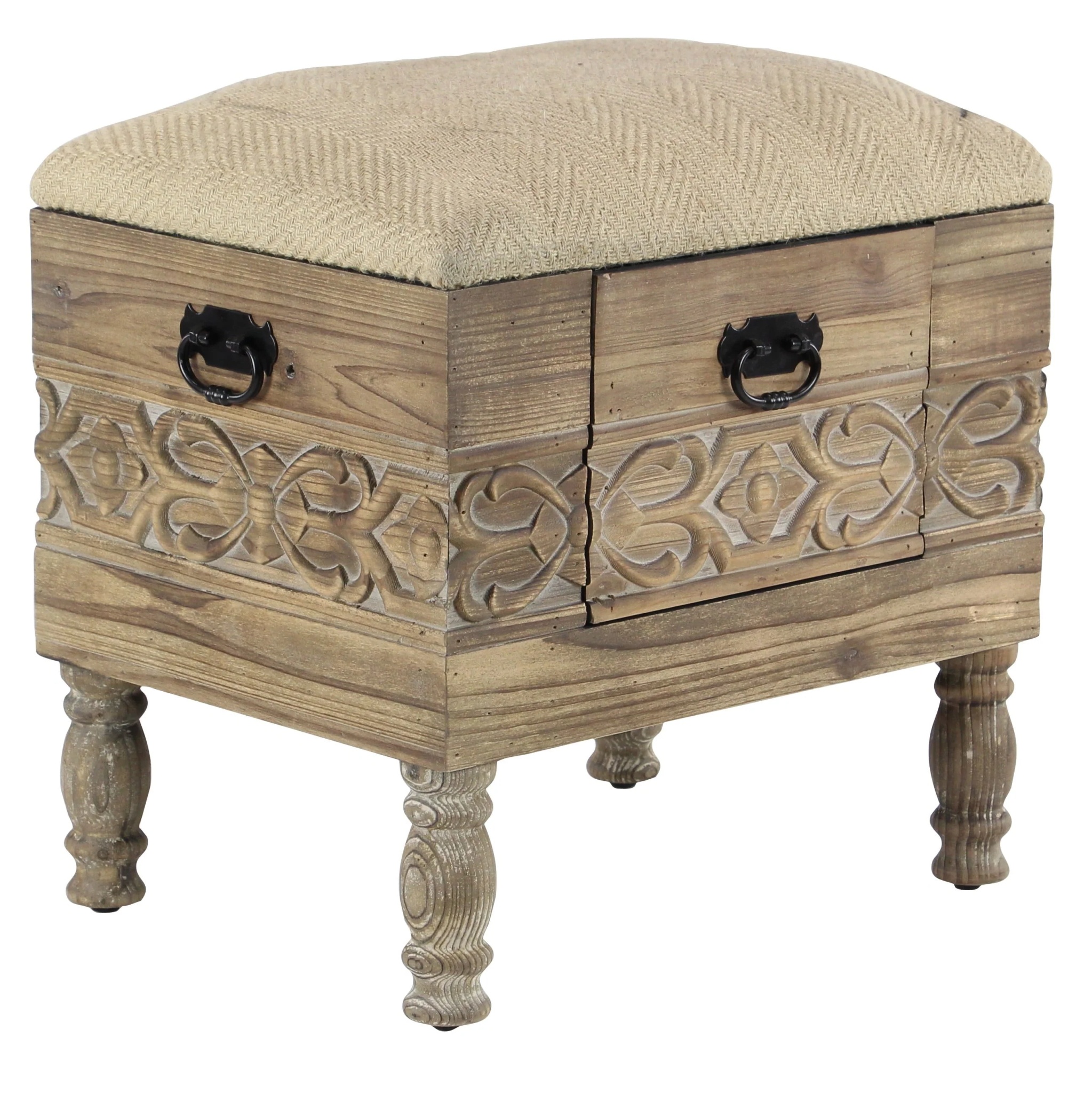 DecMode Wood Floral Intricately Carved Storage Stool with Cream Burlap Top, Beige