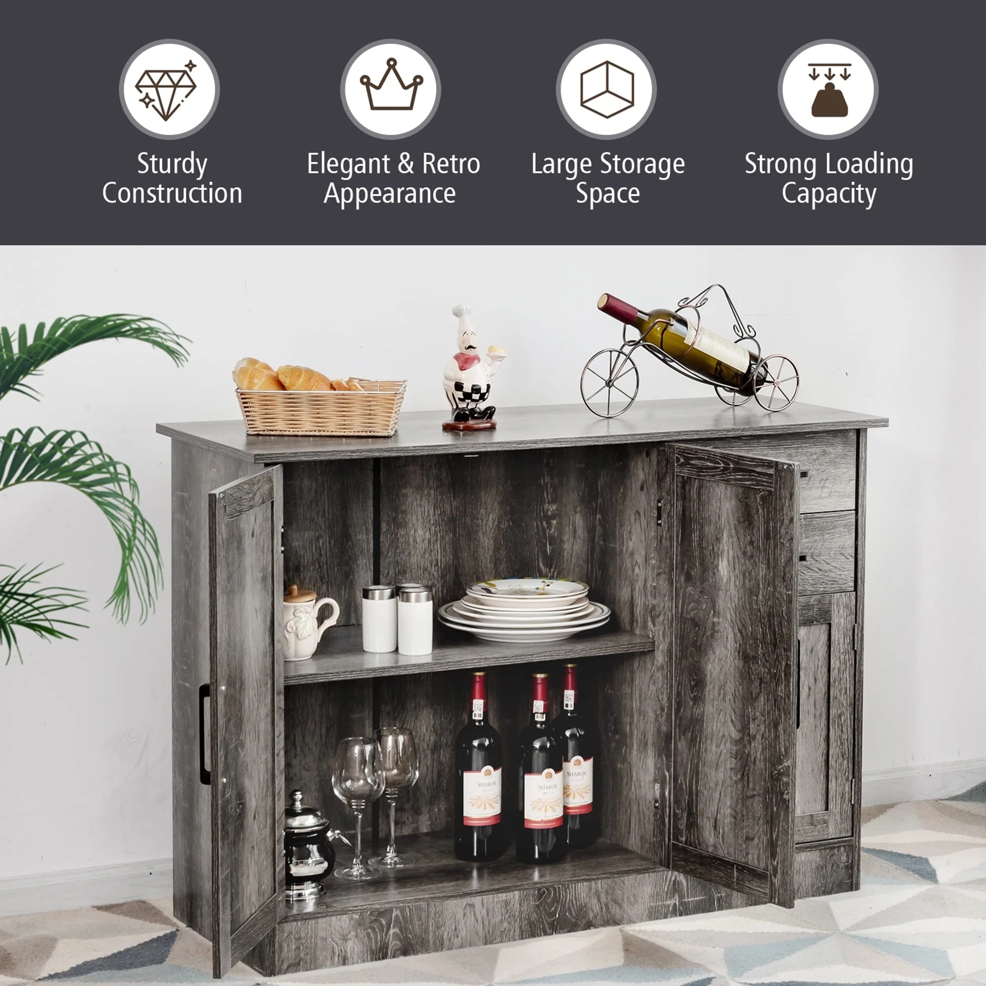 Gymax Buffet Storage Cabinet Console Table Kitchen Sideboard Drawer Grey - Image 6
