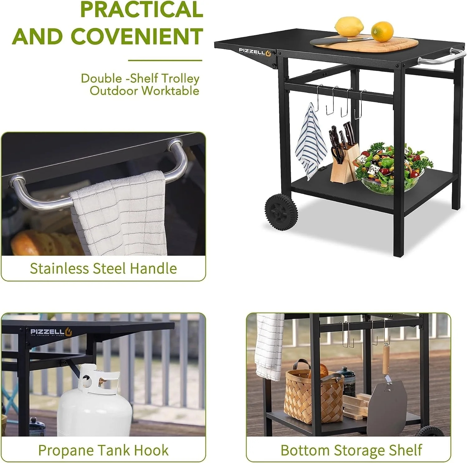 Pizzello Outdoor Bar Cart with Storage Wheel Hook Expandable Countertop, Black - Image 3