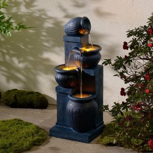 Teamson Home Outdoor Water Fountain with Lights-C 4-Tier Cascading Bowl Design with LED Light & Solar Pump, Solar-Powered Water Fountain Outdoor Garden, Yard, or Patio D-cor, Navy Blue