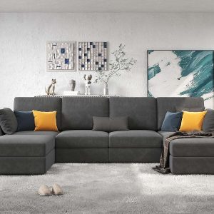 Amerlife 131 Inches Modular Sectional Sofa, Oversized Sectional Sofa with Storage, Ottomans, 6 Seats U Shaped Couch with Chaise- Chenille Gray